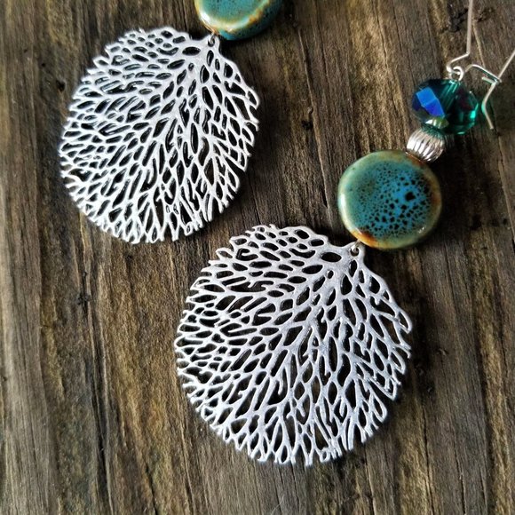 Artisan Hand Crafted Earrings Silver Leaf Teal Beaded Pierced - Picture 3 of 5